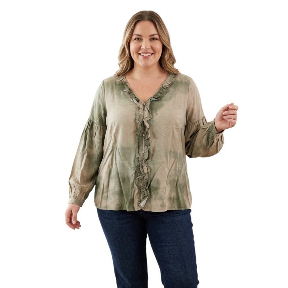 Me by Jennie Garth Bodie Printed Blouse with Ruffle Neckline 1X Seagrass Green